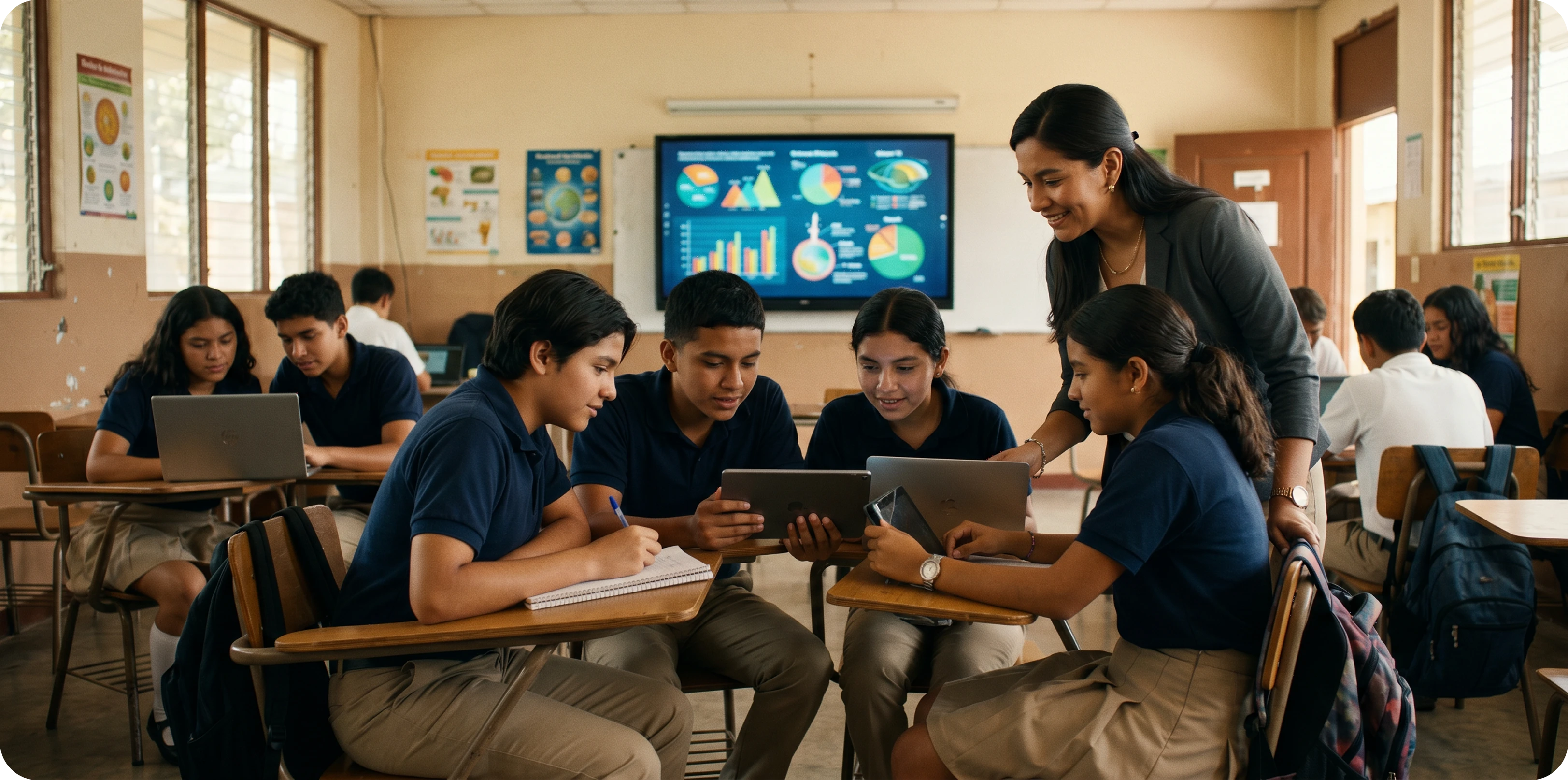 Latin American students in a classroom learning with digital devices